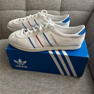 Adidas Rotterdam White Sneakers with Blue and Red Stripes